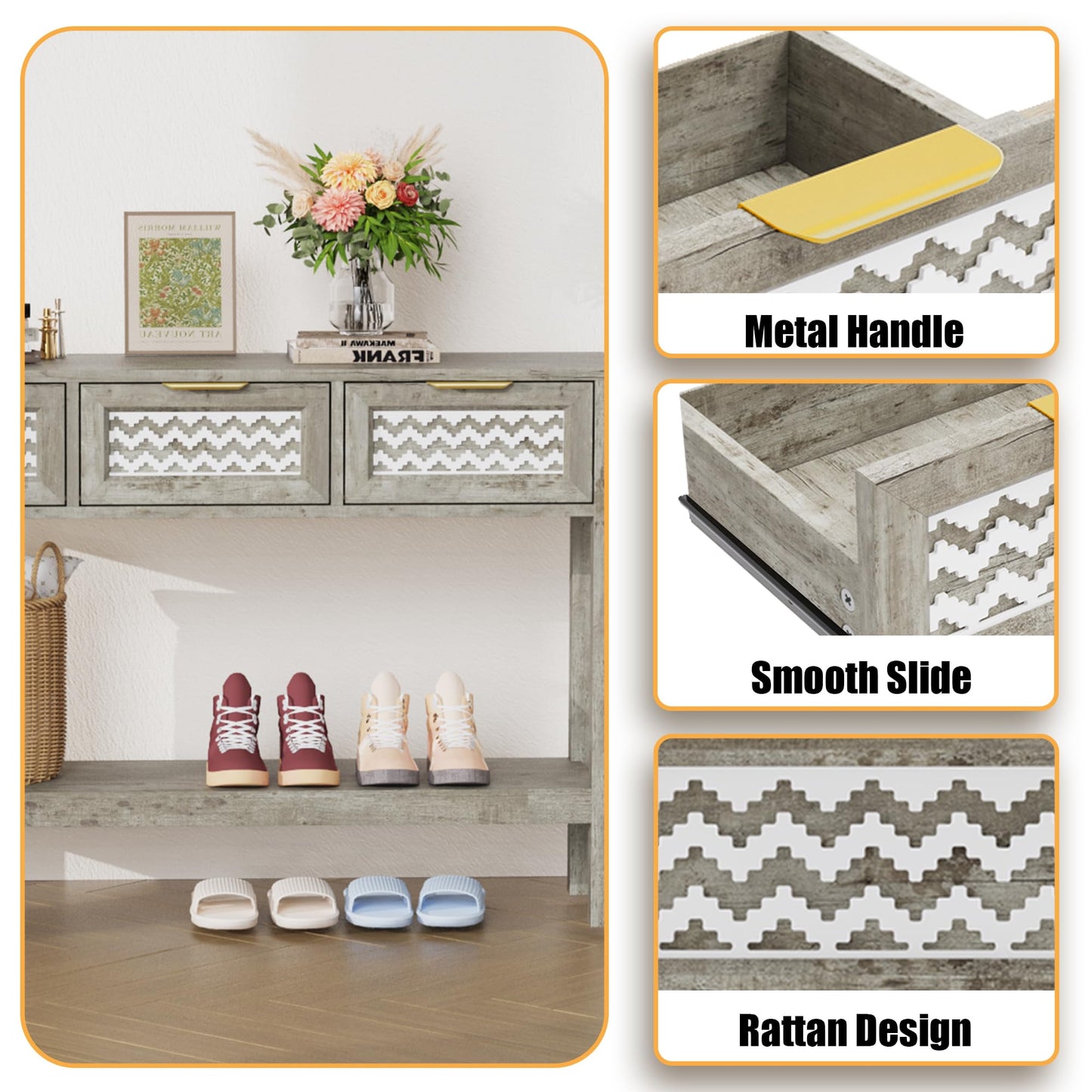 YOCONYO Entryway Table, Rattan Console Table with 3 Storage Drawers and Storage Shelf, Sofa Table with Socket, for Entryway, Living Room, Behind Couch and Hallway (Grey)