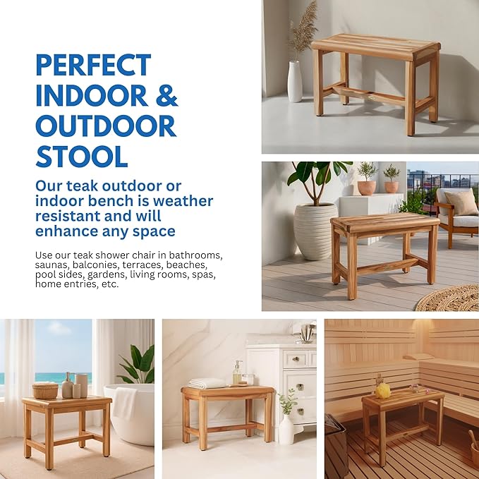 EcoDecors Eleganto 24 Inch Natural Color Waterproof Teak Wood Shower Bench Stool Seat Chair For Inside Shower Provides Safety, Storage, and Organization For Bathroom Accessories