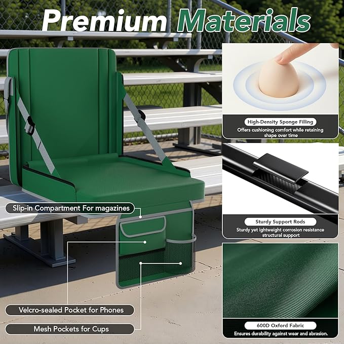 janiry Stadium Seats with Back Support 2PACKS Adjustable Bleacher Chairs with Back and Cushion Bleacher Seat with Cup Holder, Carry Handle & Shoulder Strap for Outdoor Sports Events, Picnics, Beaches