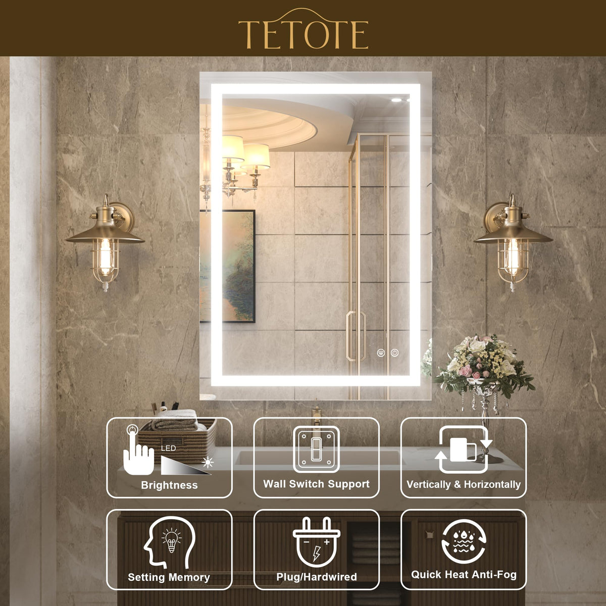 TETOTE 24 x 36 LED Bathroom Mirror LED Mirror Bathroom Decor Vanity Makeup Mirror Dimmable Anti-Fog Wall Mounted Bathroom Mirror with Lights, Tempered Glass