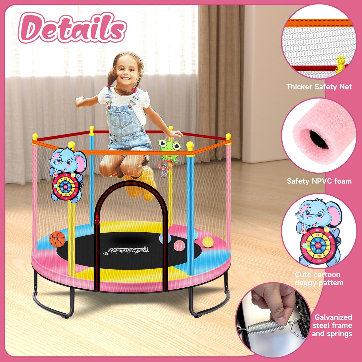 LASTJUMPER 60" Pink Indoor Trampoline for Kids 2-5, 5ft Mini Indoor & Outdoor Small Toddler Trampoline with Basketball Hoop, Dart Board, Ocean Ball,Baby Toys, Birthday Gifts for Kids