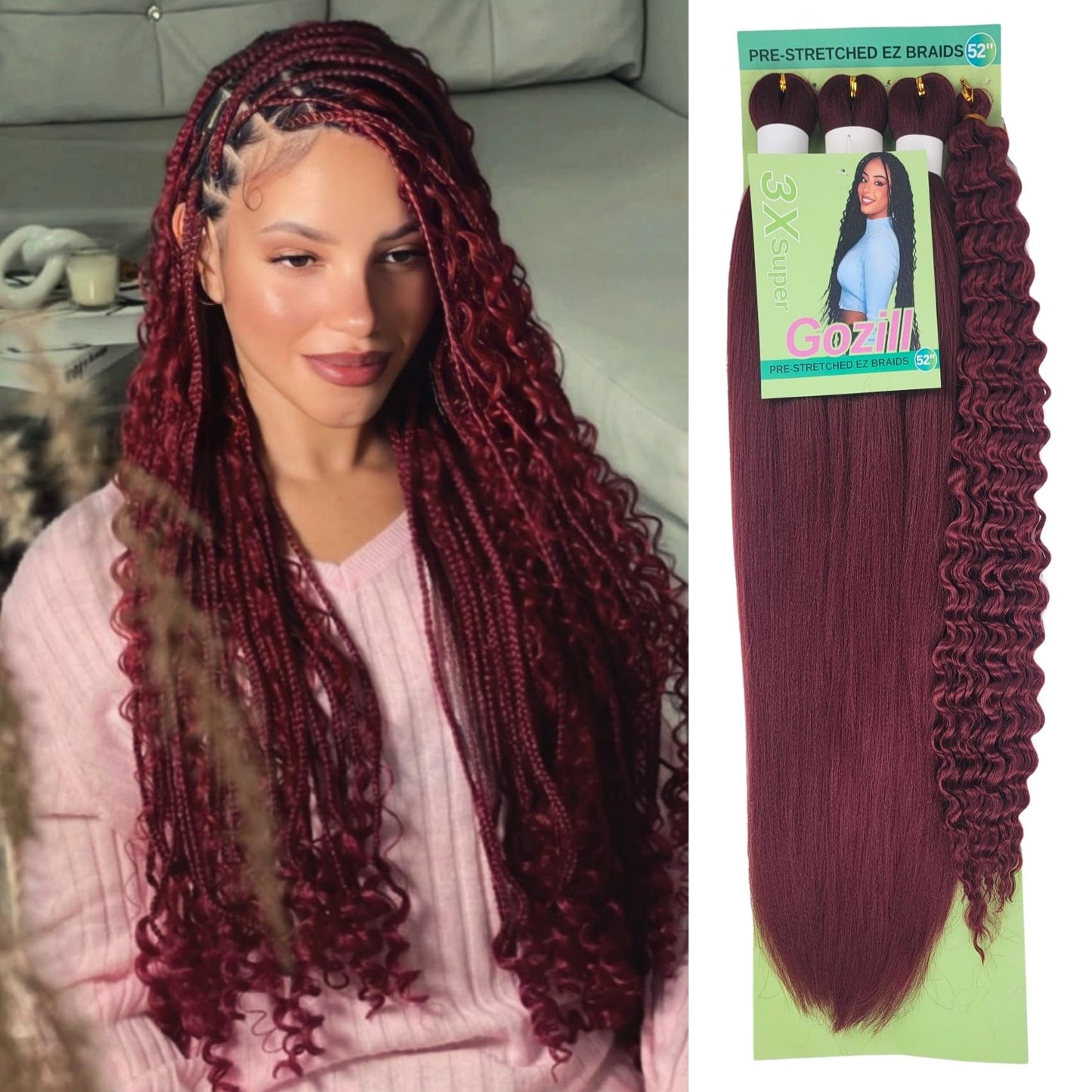 Burgundy Braiding Hair Pre Stretched Knotless Braiding Hair for Boho Braids(6 Packs)