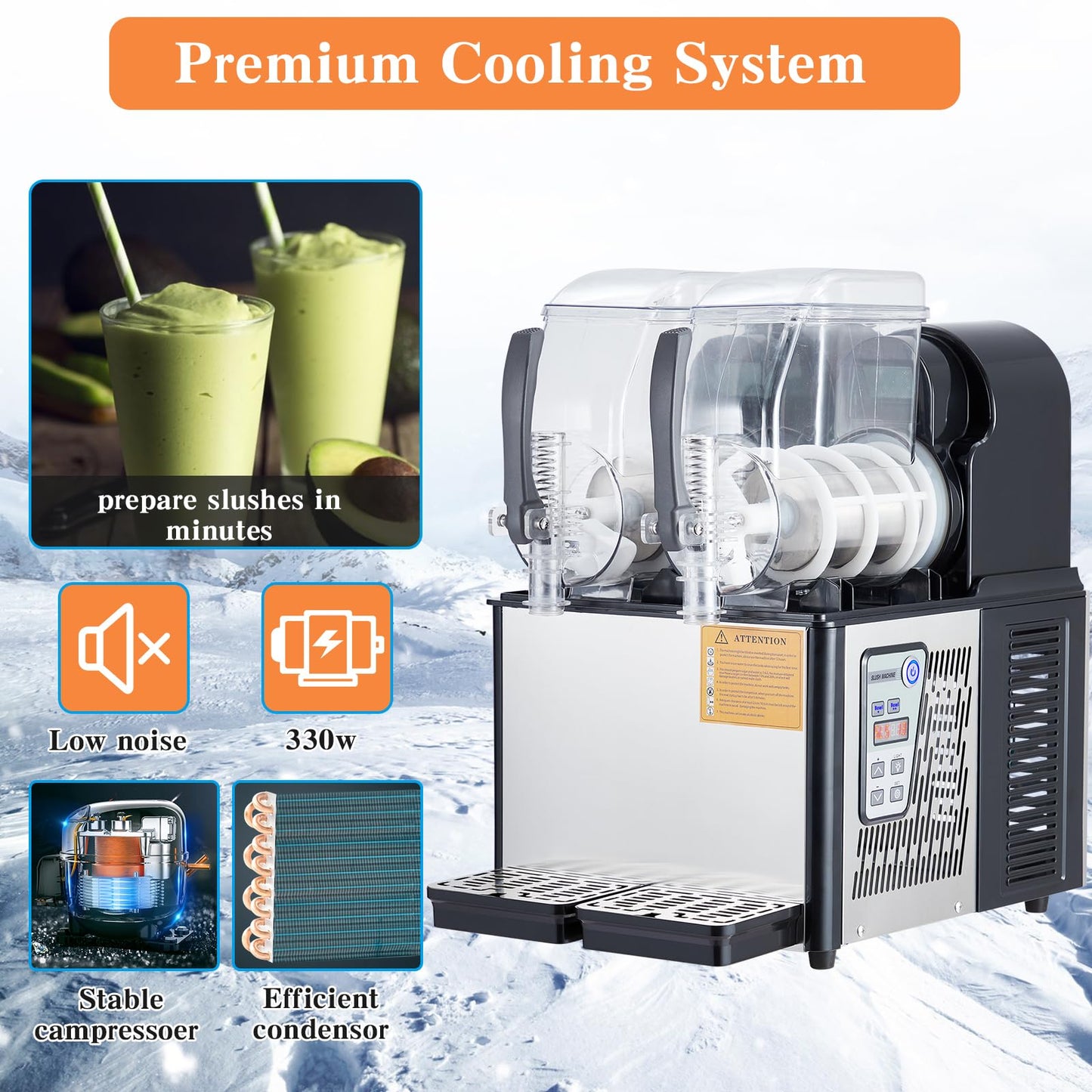 Commercial Slushie Machine - 15L*2 Dual Tank & Triple-Tank Available, Stainless Steel, Self-Cleaning & High-Speed Mixing, Perfect for Frozen Drinks, Margaritas, Coffee, Cocktails, Home, Bars,Black