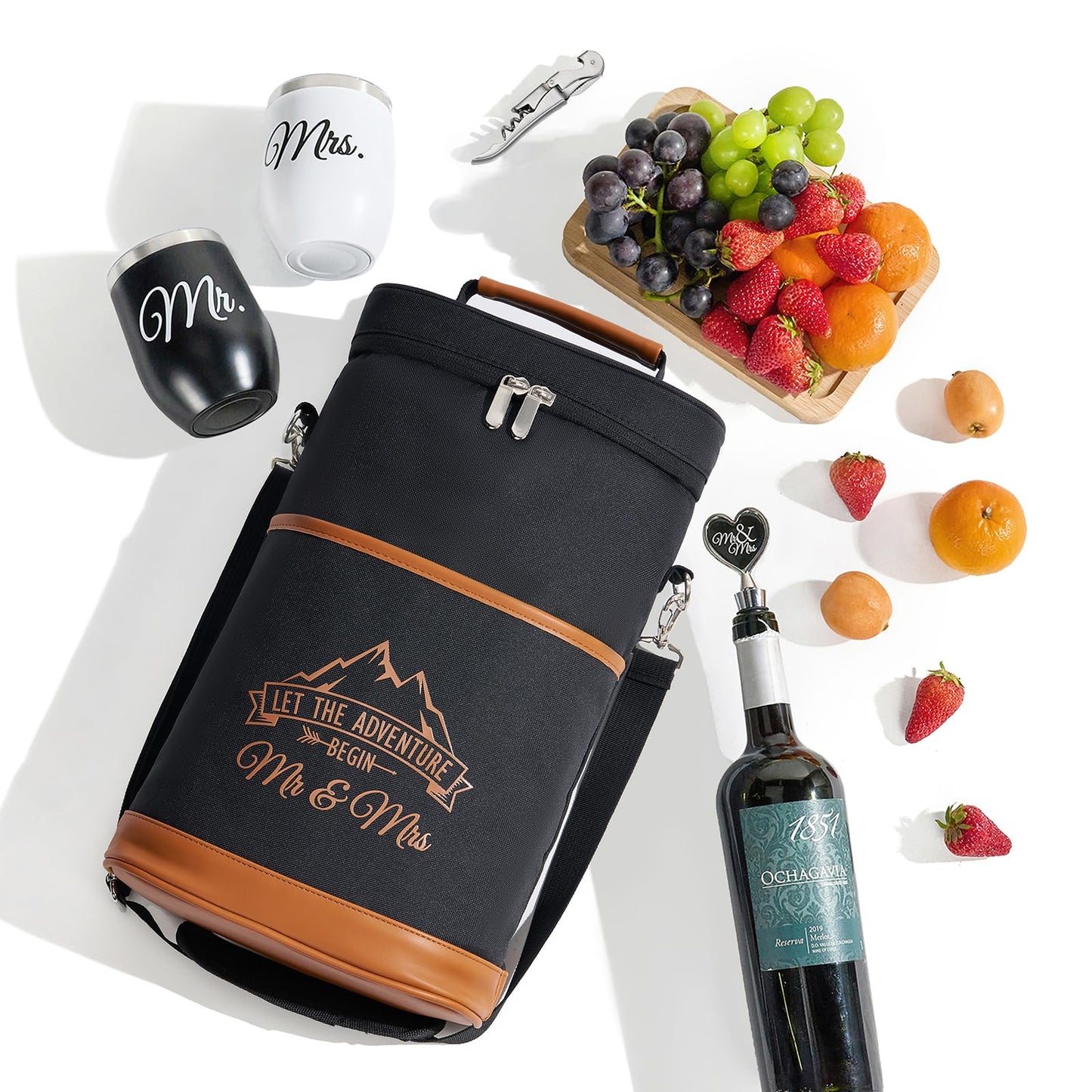 AW BRIDAL Wedding Gifts for Bride Groom, Mr and Mrs Wine Gift Basket for Engagement Bachelorette Party, Anniversary Insulated Wine Cooler Bag Tumblers with Accessories Set for Honeymoon Beach Travel