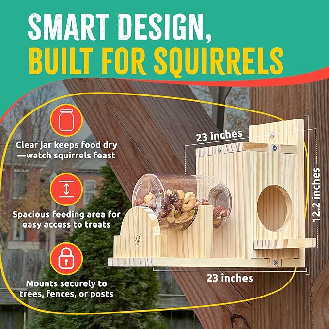 SparkJump Squirrel Feeder Kit - Sustainable FSC Wood, Easy Mounting and Assembly, Kid-Safe Mason Jar, Perfect for Outdoor Squirrel Watching & Feeding