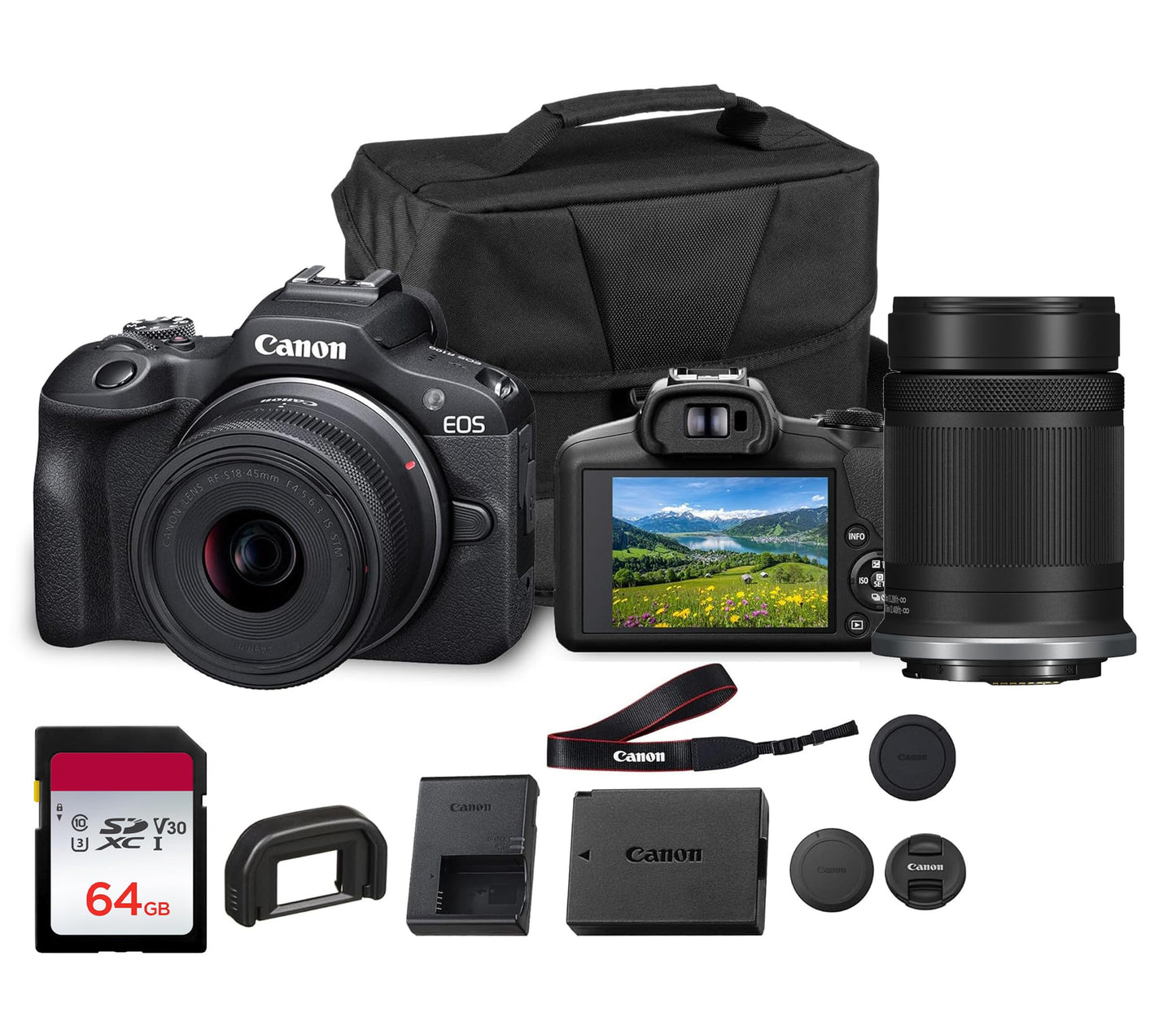 Canon EOS R50 Mirrorless Camera with 18-45mm & 55-210mm RF-S Lenses | 24.2MP APS-C Sensor, Dual Pixel CMOS AF, 4K Video | Compact Hybrid Camera Kit with Shoulder Bag and 64GB Card