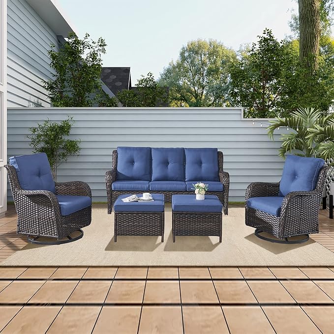 Rilyson Wicker Patio Furniture Set - 5 Piece Rattan Outdoor Sectional Conversation Sets with 2 Rocking Swivel Chairs,2 Ottomans and 1 Sofa for Porch Deck Garden(Brown/Blue)