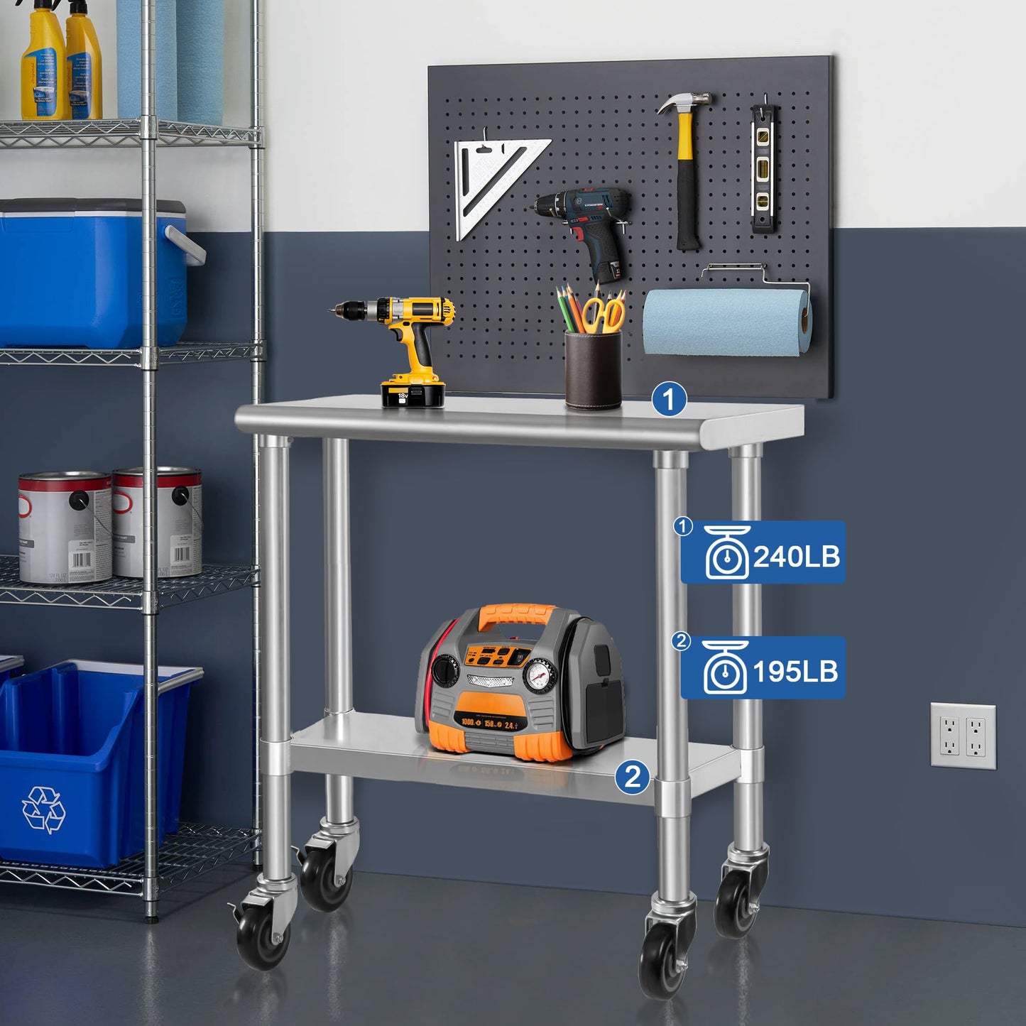 HARDURA Stainless Steel Commercial Table Prep & Work Table with Casters Heavy Duty Metal Table with Wheels NSF 430 14×30 Inches