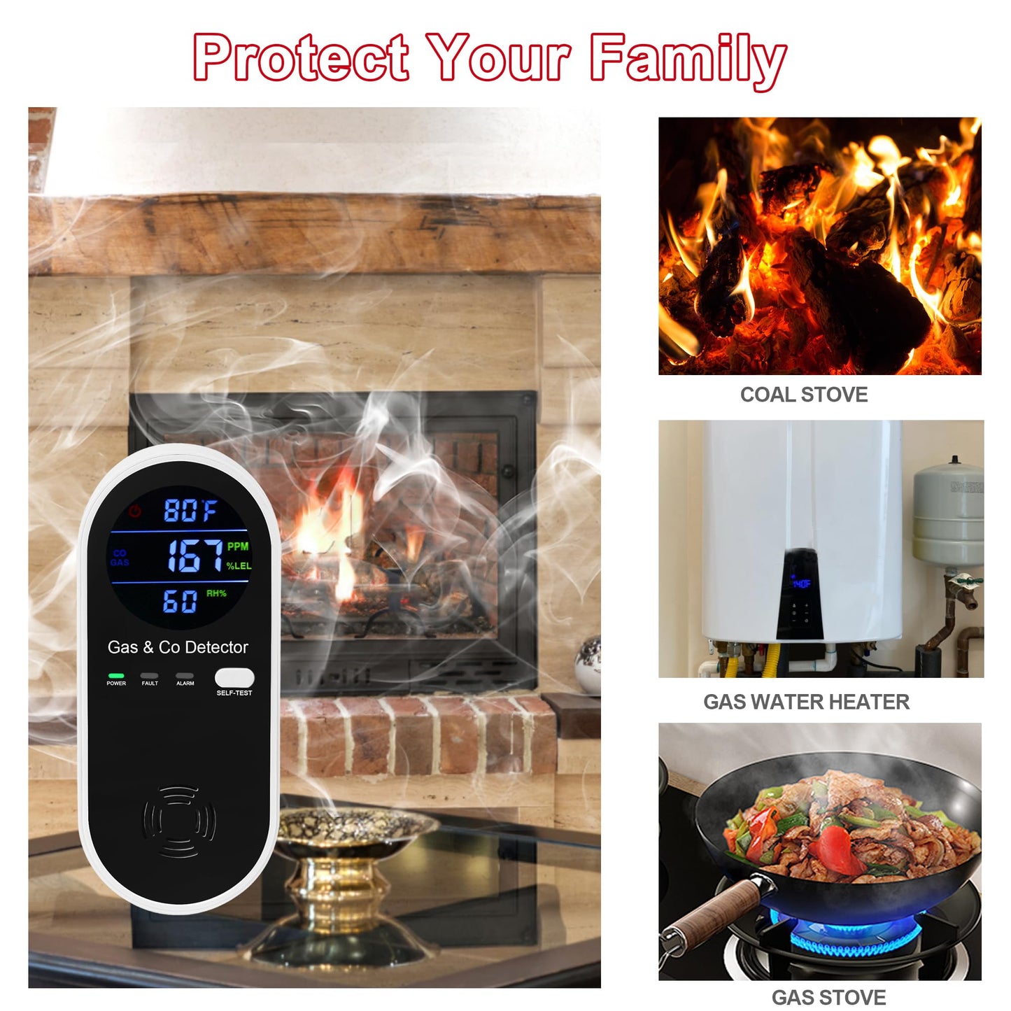 Koabbit Natural Gas & Carbon Monoxide Detector, Plug in Carbon Monoxide Alarm,Natural Gas Detector,Propane,4-in-1 Combustible Gas & CO Detector with Fahrenheit(°F) & Humidity for Home,RV,Apartment