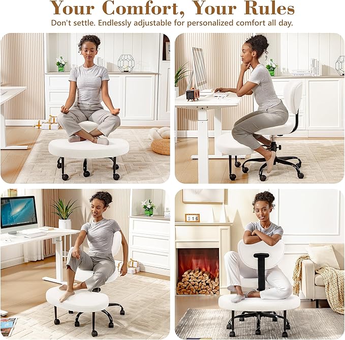Ergonomic Cross Legged Office Chair with Wheels - Adjustable Height for Meditation, ADHD Desk & Yoga - Wide Criss Cross Design with Lumbar Support, Kneeling Chair - Off White