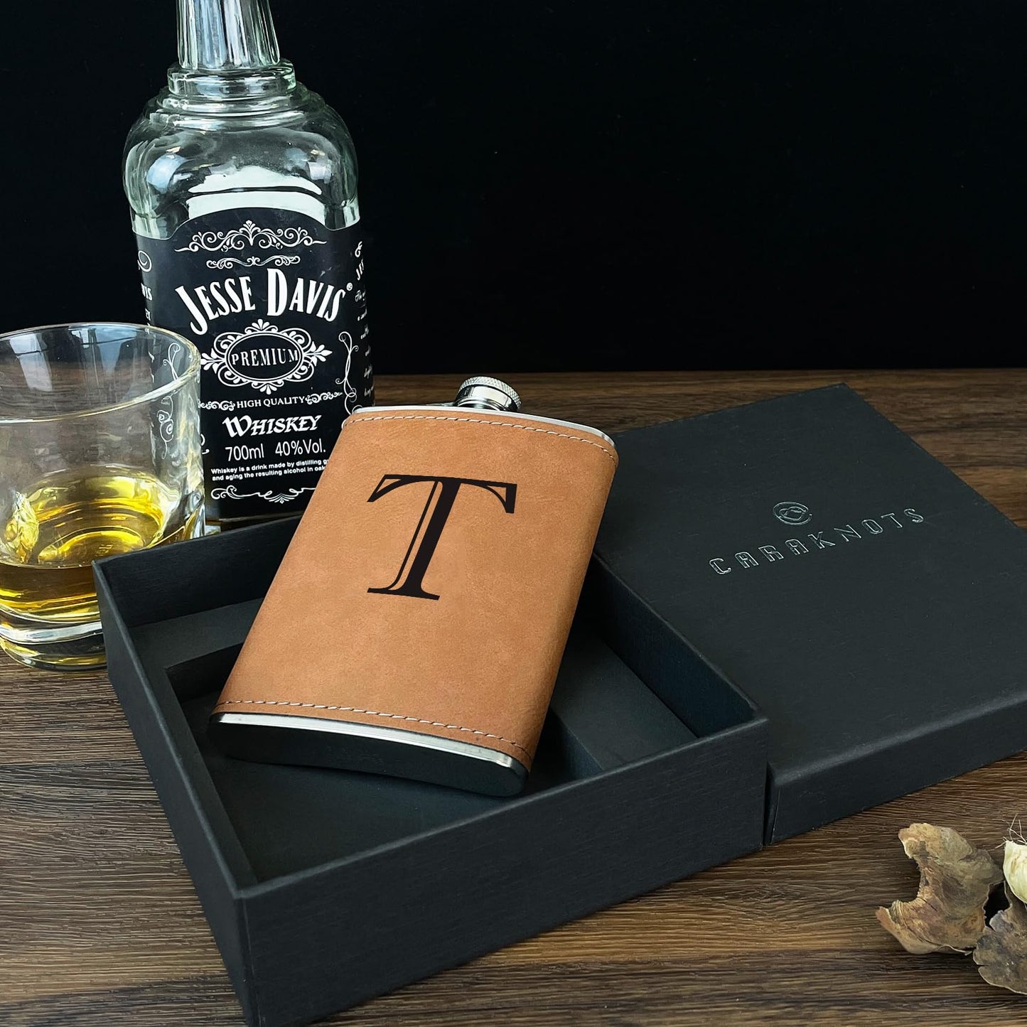 CARAKNOTS Hip Flasks for Liquor for Men Leather Drinking Whiskey Flask with Initials Engraved Stainless Steel with Funnel 8 OZ Personalized Christmas Birthday Gifts for Dad Him Letter T