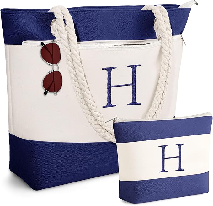 YOOLIFE Beach Bags for Women - Initial Canvas Tote Waterproof Bag with Makeup Bag Gifts for Women Mom Friend Birthday Her