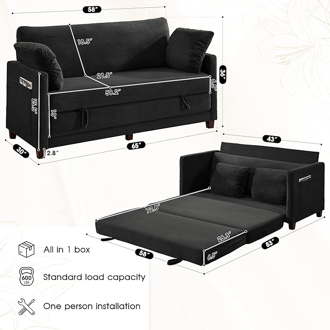 Myroyalsit 65" Convertible Loveseat Sofa Bed, 2-in-1 Folding Sofa Bed with 2 Pillow for Small Spaces, Modern Loveseat Sleeper Couch for Apartment, Living Room & Guest Room (Black Corduroy, 65 inch)