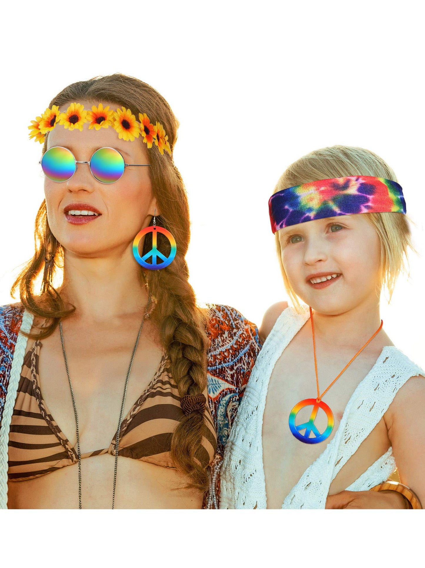 Frienda 5 Pcs Hippie Costume Set Glasses Headband Peace Sign Earrings Necklaces Tie Dye Bandana Hippie Accessory for 60s 70s(Rainbow Style)