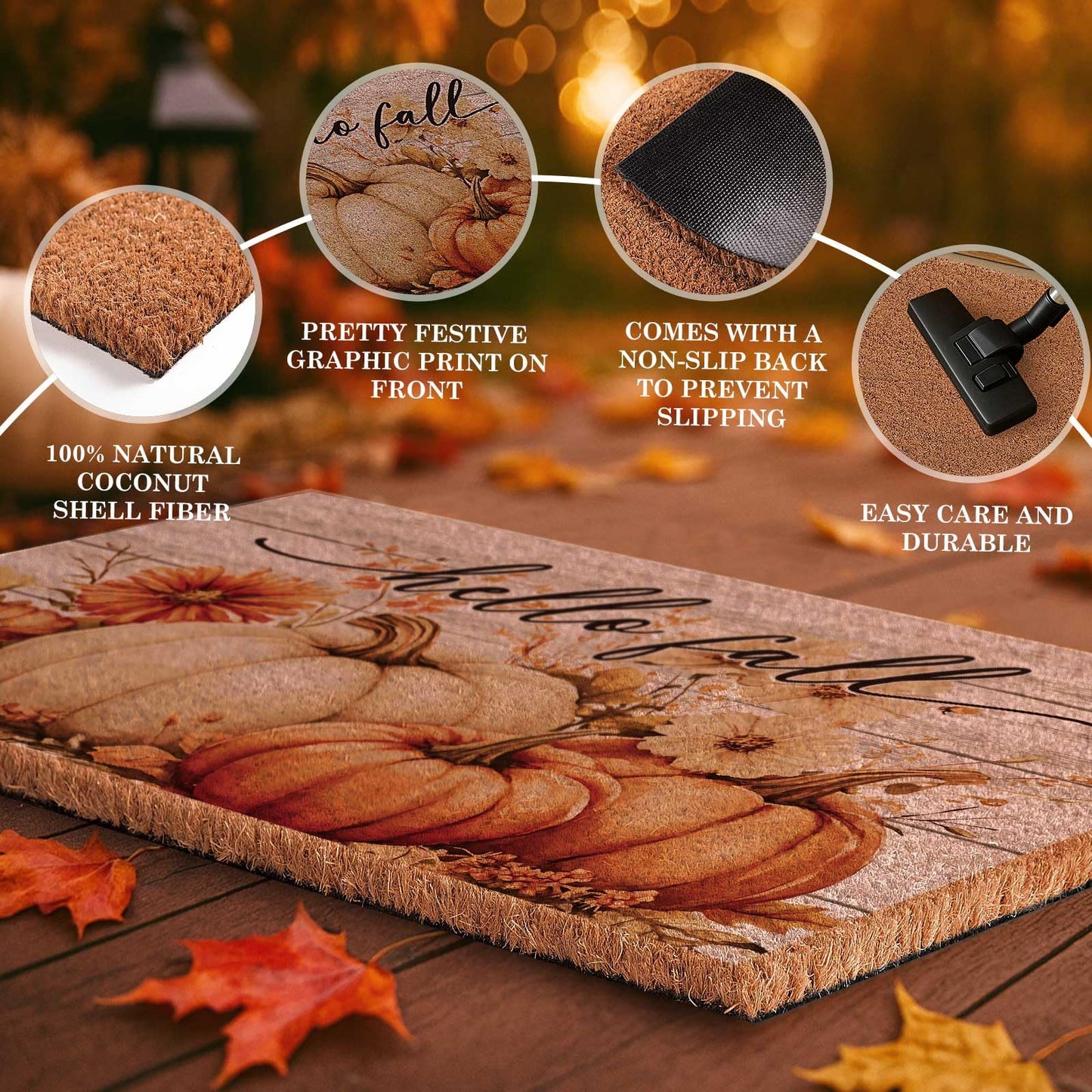 Lanpn Fall Welcome Natural Coir Door Mat, Hello Fall Harvest Pumpkin Coco Front Door Outdoor Doormat Outside Entrance Porch Non Slip Rubber Rug Autumn Halloween Thanksgiving Farmhouse Decor 30x17 inch