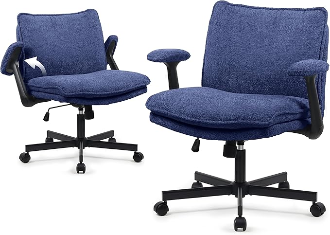 Kassipo Criss Cross Legged Office Chair with Wheels and Flip-Up Arms, Upholstered Criss Cross Desk Chair, Wide Seat Chairs for Home Office, Vanity, Apartment, Navy Blue