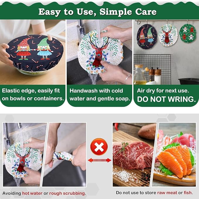 5-Size Beeswax Bowl Covers for Bread Proofing, Reusable Cotton Cloth Bowl Covers, Flexible Beeswax Wraps for Food Storage Christmas Holiday Kitchen Decor(Elk)
