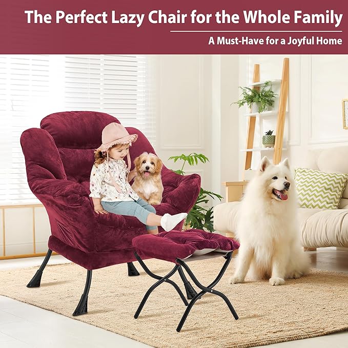 Youtanic Lazy Chair with Folding Ottoman, Accent Chair Plush Upholstered with Metal Structure and Non-Slip Pads, Sofa Armchair with Footrest and Side Storage Bag for Dorm, Room, Office, Rose Red