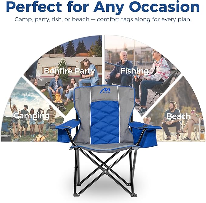 Matrasco Oversized Padded Camping Chair, Heavy-Duty Steel Frame for 450 lbs Supports, Convenient 6-Can Cooler, Portable Carry Bag, Perfect for Outdoor, Beach, and Hiking (Gray & Sapphire Blue)