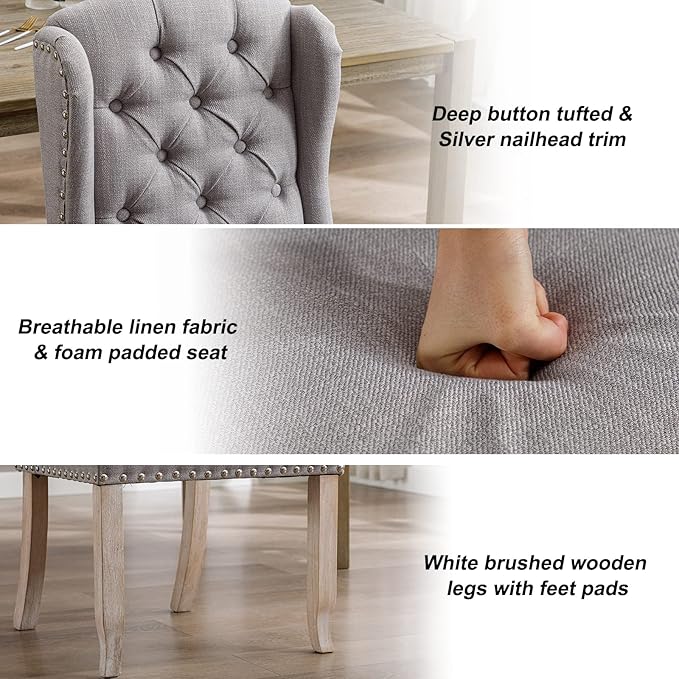 DUOMAY Modern Tufted Dining Chairs Set of 6, Linen Upholstered Dining Room Chairs Armless Guest Side Chair for Kitchen Dining Room, Wingback Accent Chairs with Solid Wood, Grey