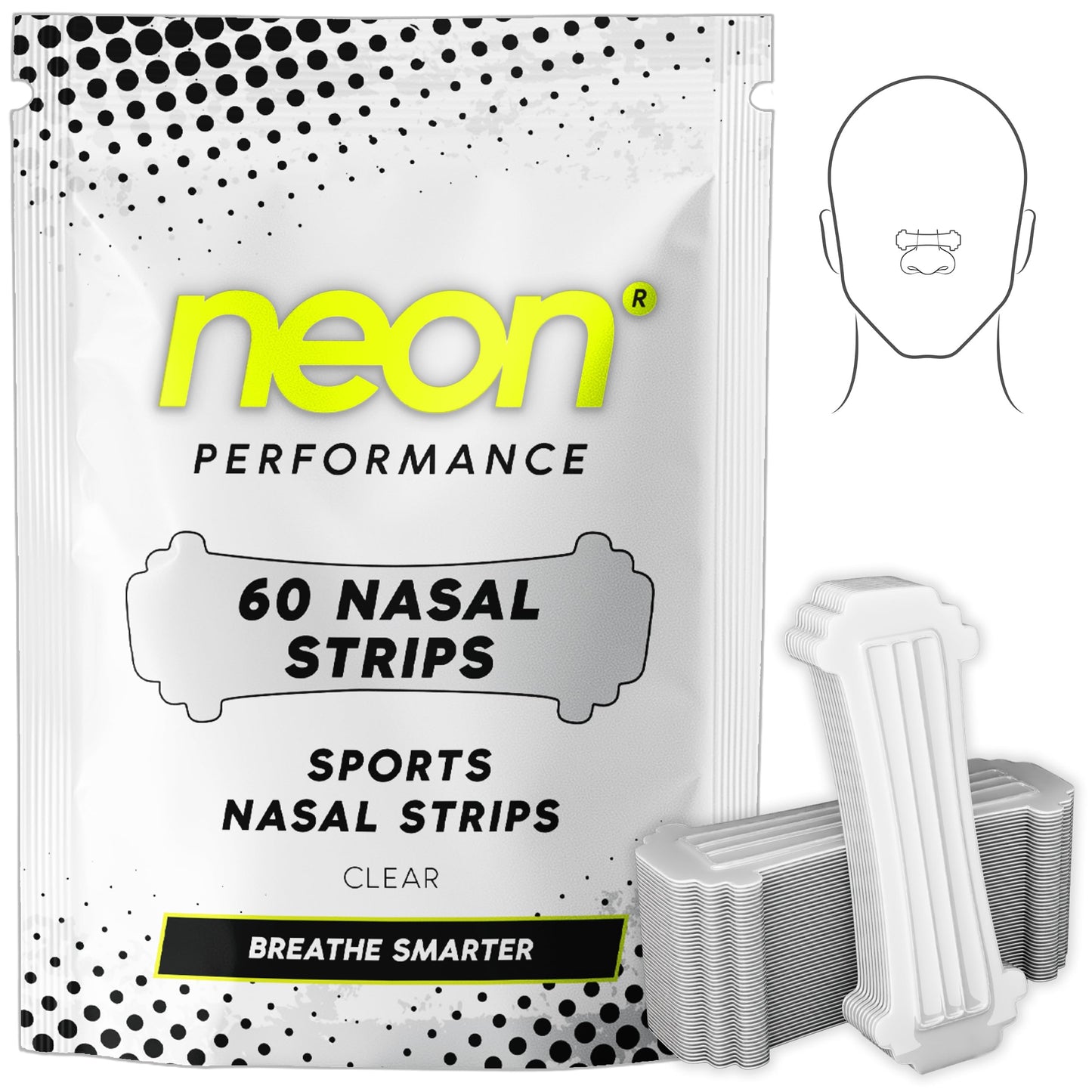 Neon Performance - Nasal Strips (60 Count) - Oil & Sweat Resistant Adhesive - Athletic Nasal Strips for Sport & Nose Strips for Snoring & Sleeping - Nose Strips for Breathing (Clear Transparent)