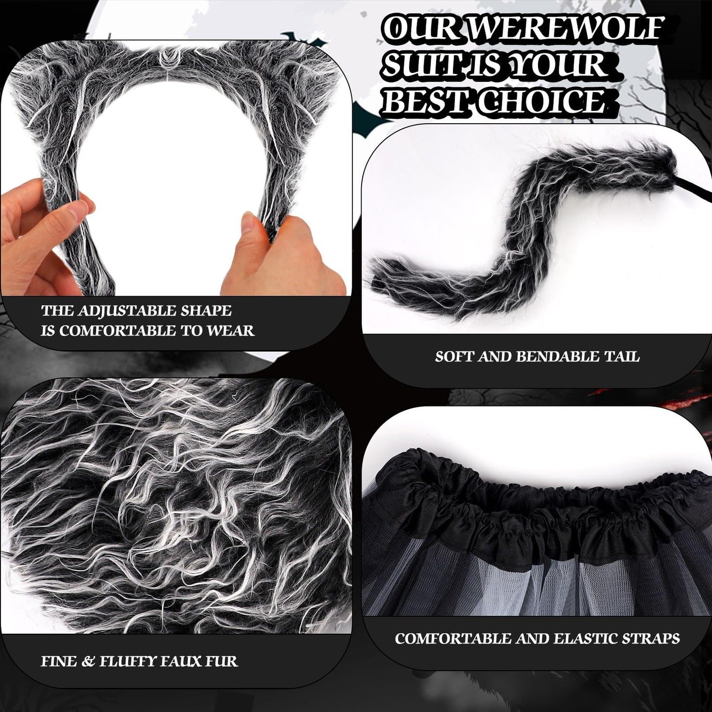 NinkyNonk 6 Pcs Wolf Costume Kits Wolf Ears Headband Tail Mask Bowtie Gloves Tutu for Halloween Dress Up Supplies