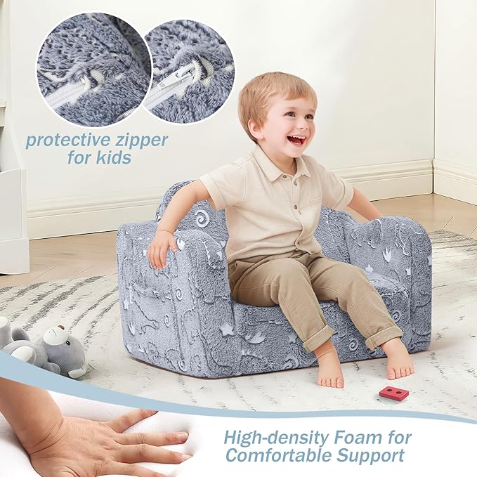 MeMoreCool Kids Dinosaur Couch – Foldable Toddler Chair, Glow-in-The-Dark Flip-Out Sofa, Convertible Lounge Seat for Boys Ages 1–3, Plush Fold-Out Kids Lounger with Washable Cover (Gray)