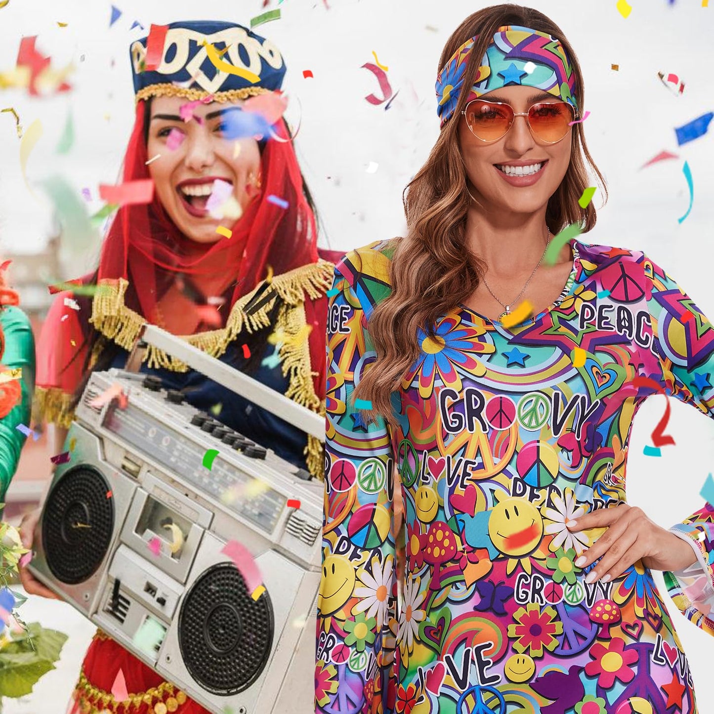ATAMET 70's Women Costumes Hippie Dress, 1970s Outfits Accessories Set, 60s 70s Disco Prom Dress, Carnival Halloween Costumes (Bright Colors Peace Love, X-Large)