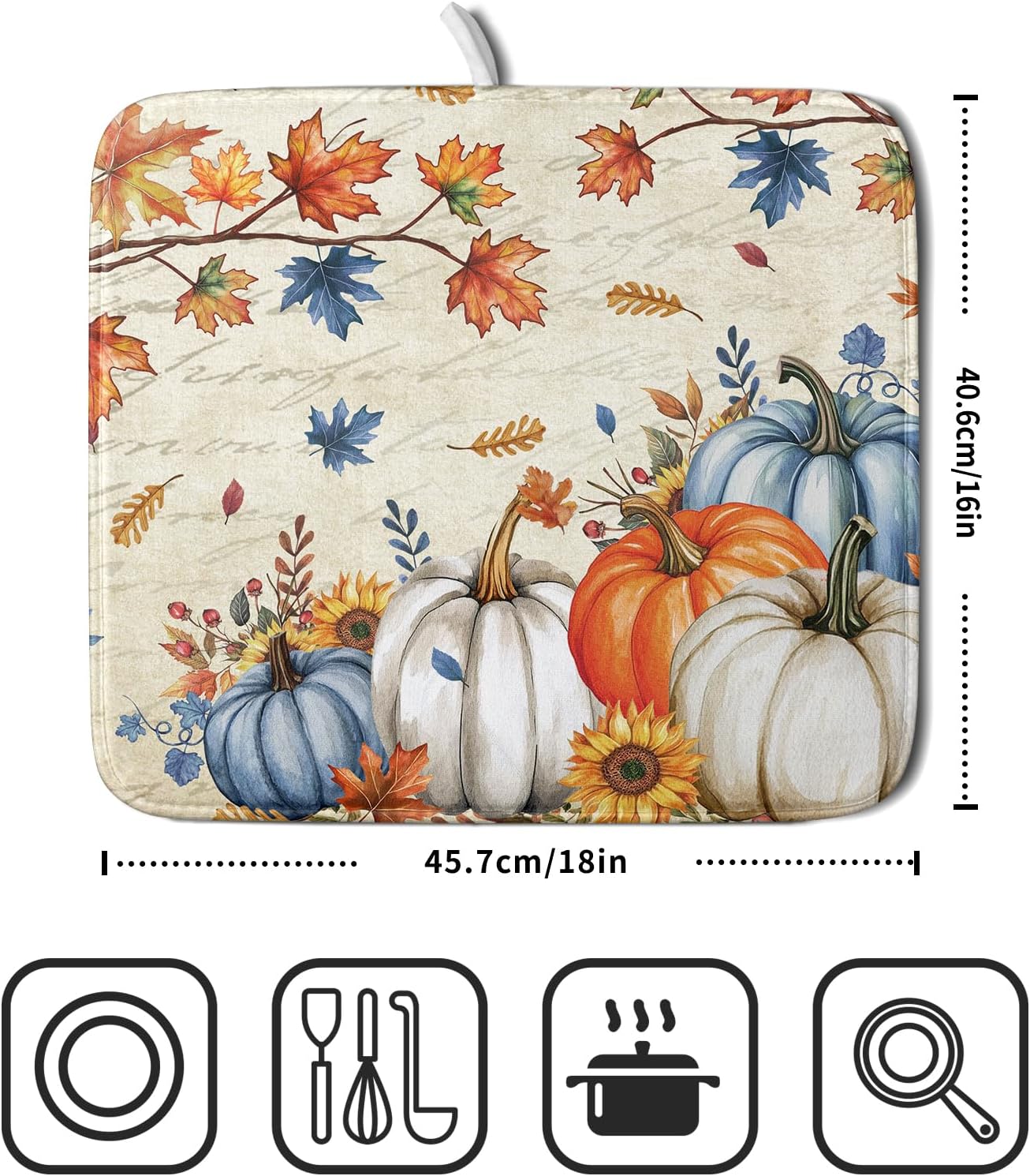 Fall Pumpkin Dish Drying Mat for Kitchen Counter 16x18 Inch Vintage Autumn Thanksgiving Absorbent Reversible Microfiber Dish Drainer Rack Mats Countertops Protector Mat