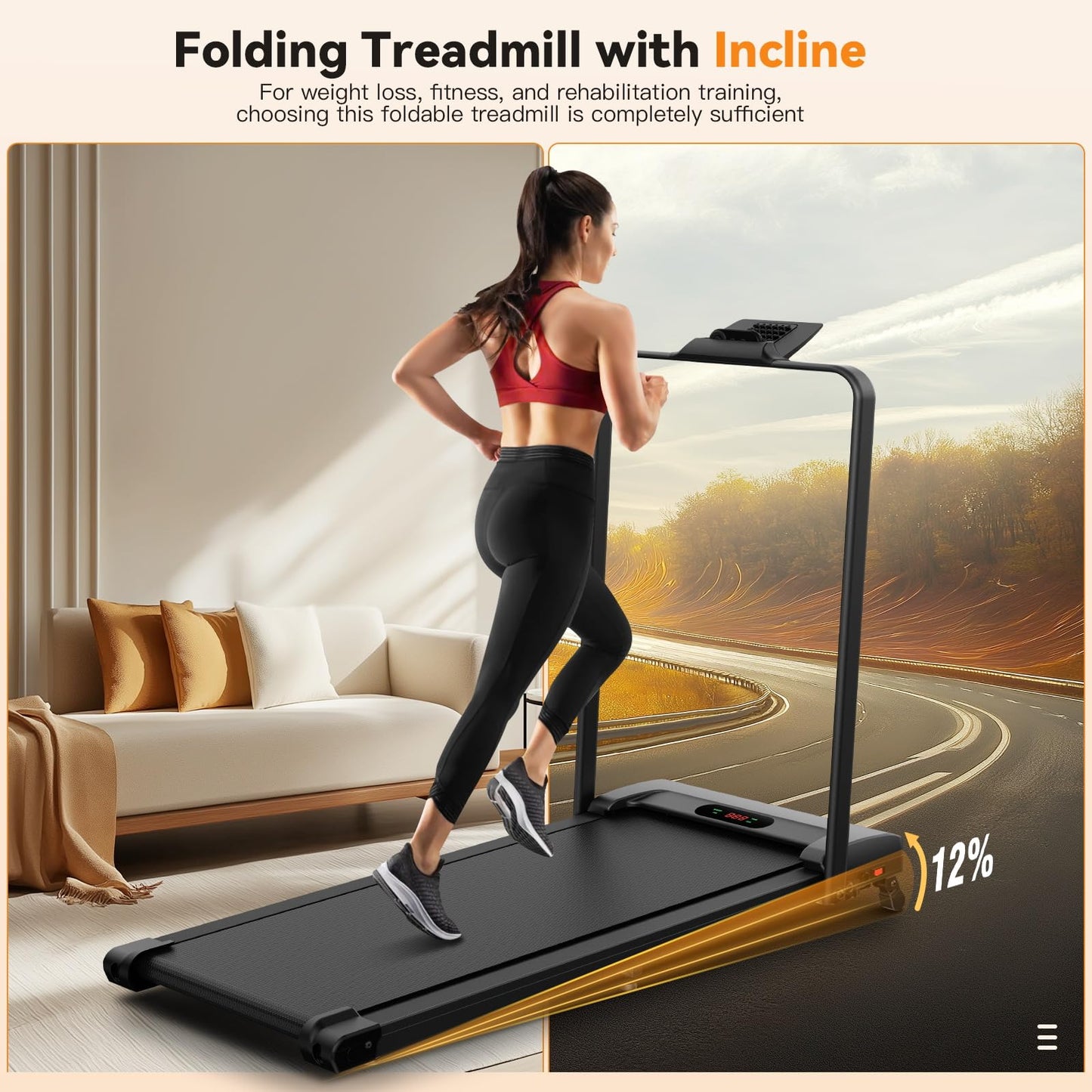 Under Desk Treadmill with Incline, 300lbs Walking Pad with Handle Bar& Remote Control, 2.5HP Folding Treadmill for Home/Office, Installation-Free Jogging Running, Black White