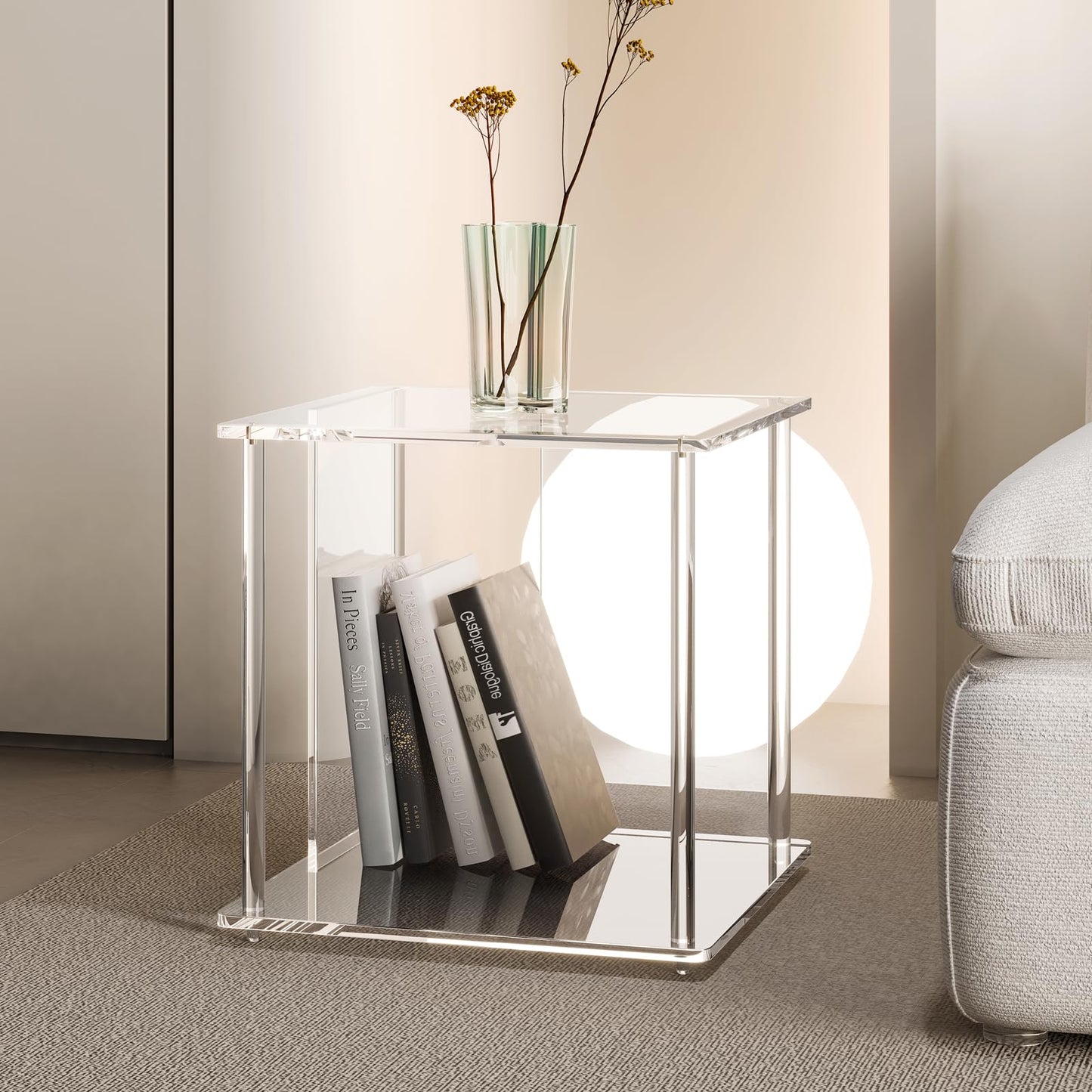 Modern Side Table, Small End Table, Acrylic Transparent Nightstand with Storage for Living Room, Bedroom, Office, Bedside, Square, Clear