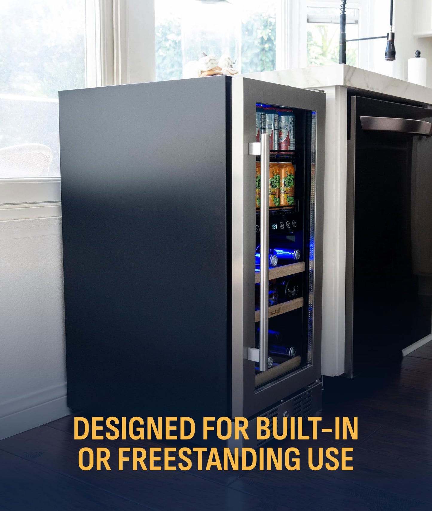 NewAir 15" Dual Zone Beverage Refrigerator & Wine Cooler for 9 Bottles & 48 Cans | Freestanding or Built-In Under Counter Mini Fridge for Beer, Wine and Soda | Stainless Steel