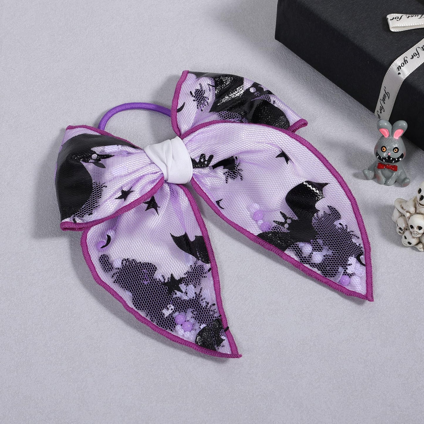 Bats Halloween Hair Bow Tie for Women Girls 5.5 Inch Large Spooky Black Purple Spider Mesh Ribbon Fable Bow Elastic Hair Band Pa