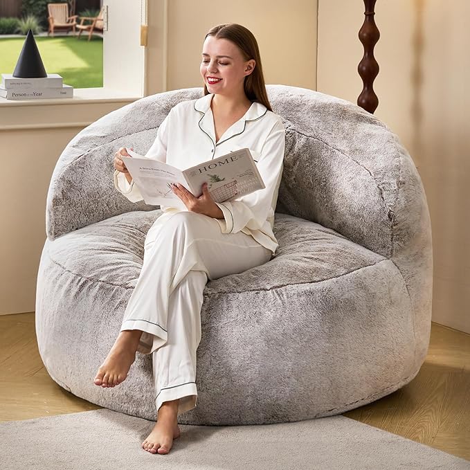 Hobestluk Bean Bag Chair Giant Bean Bag Chairs for Adults Big Bean Bag Chair with Memory Foam Filler Adults Large Beanbag with Faux Fur Cover for Bedroom (Plush Brown,Oversize)