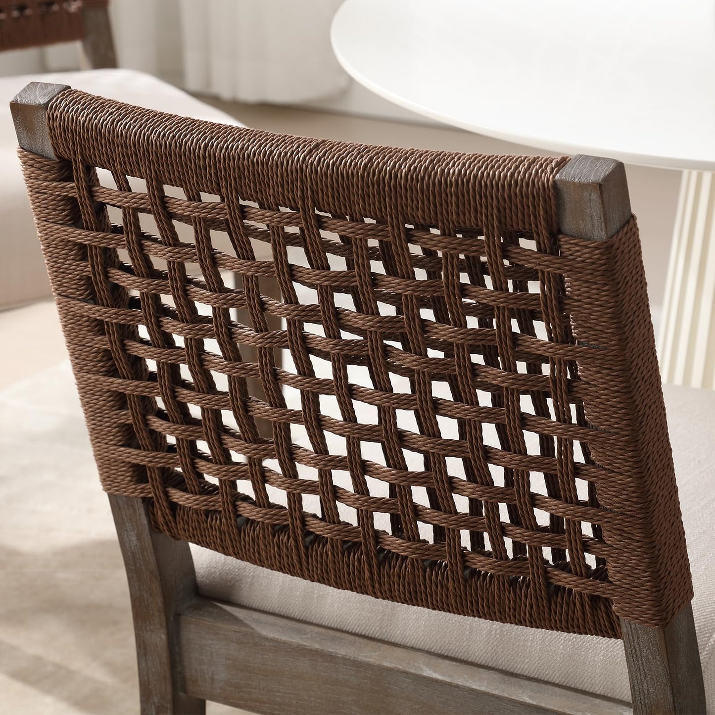 LZAREAL Farmhouse Dining Chairs Set of 2 Linen Fabric Upholstered Accent Side Chair, Mid Century Modern Kitchen & Dining Room Chairs with Woven Rope Back for Home, Living Room, Bedroom - Beige