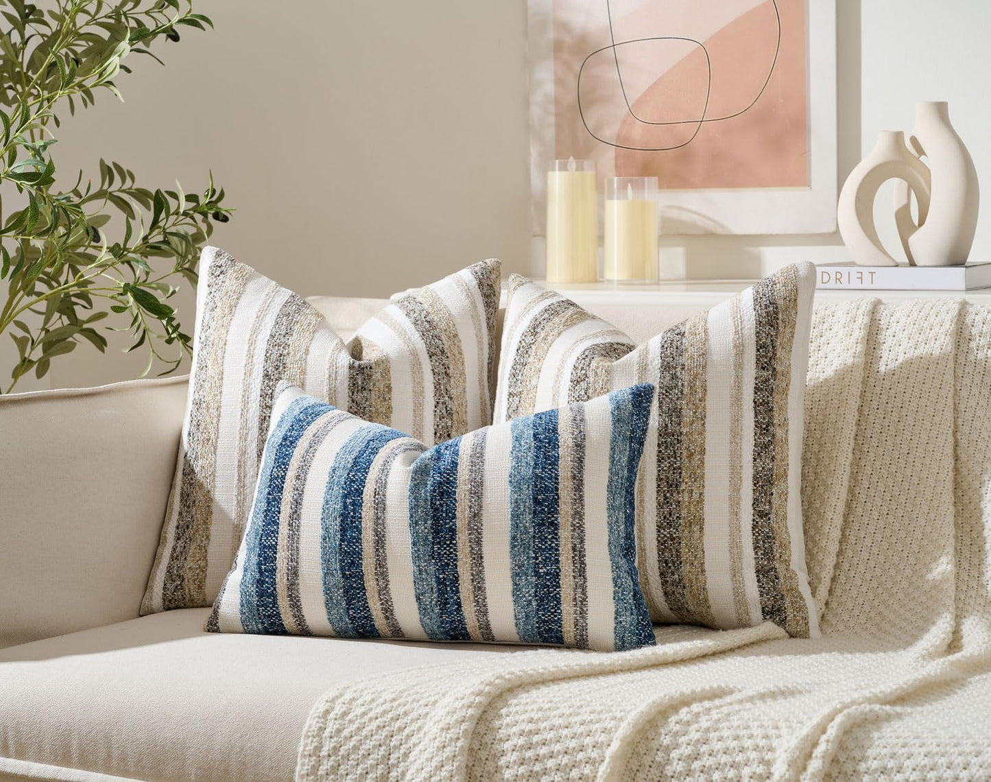 Zealax Modern Farmhouse Decorative Pillow Covers 18x18 Inch Boho Throw Pillows Neutral Soft Chenille Couch Cushion Covers, Set of 2 Velvet Striped Accent Pillows Cases for Sofa Bed Living Room, Blue