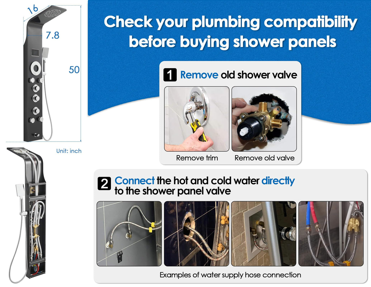 ROVOGO Shower Panel Tower System with Rainfall Mist Shower Head, Body Jets, Handheld and Tub Spout, Led Lights and Temp Display No Battery Needed, Unibody Shower Column 304 Stainless Steel Black