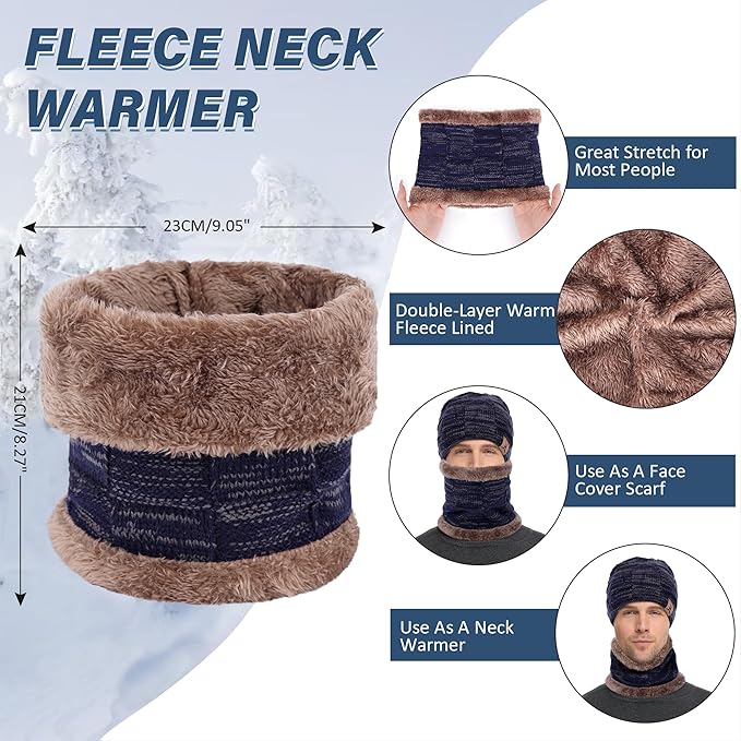 Mens Winter Beanie Hats Scarf Set Warm Knit Skull Cap Neck Warmer with Fleece Lined Winter Hat for Women
