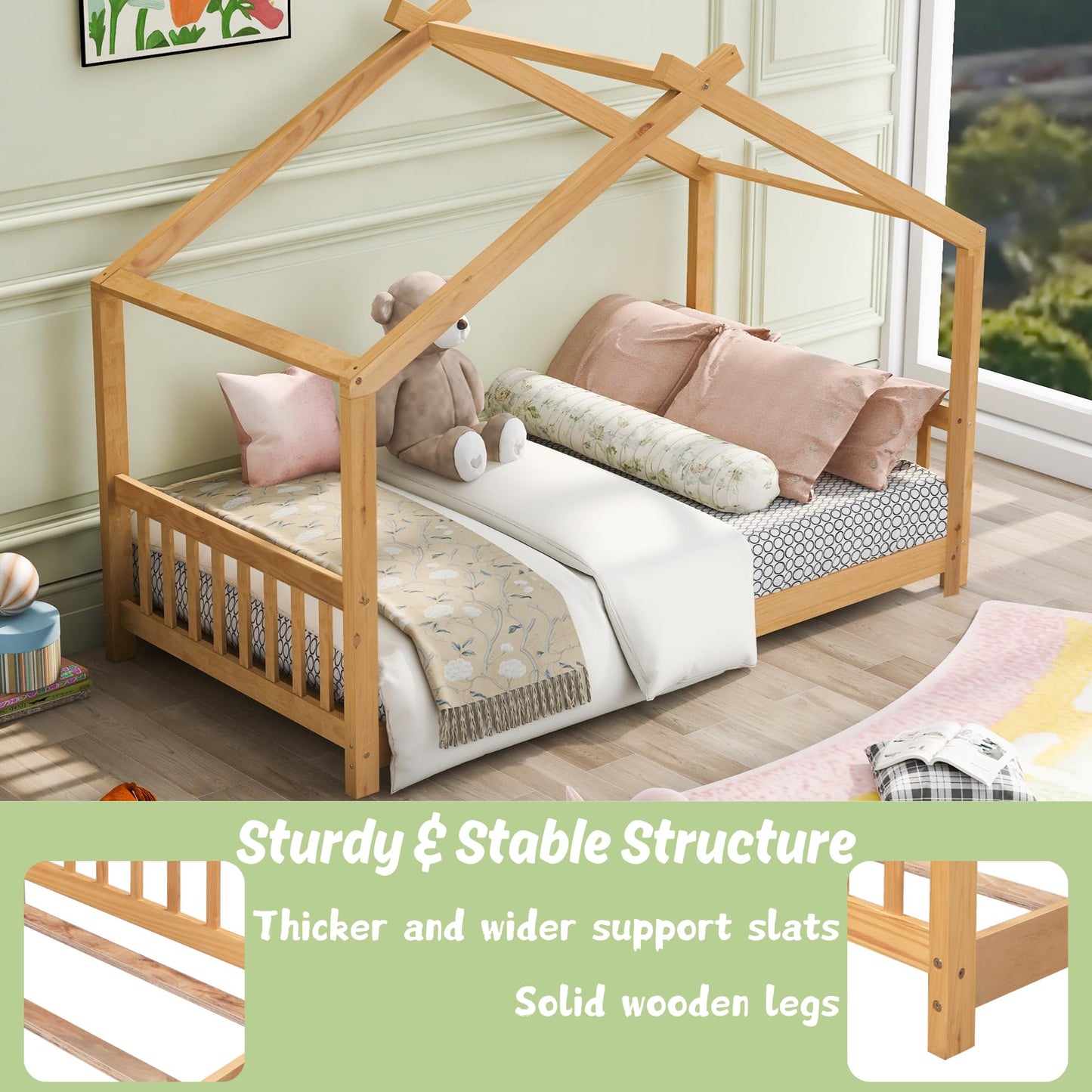 Bellemave Floor House Beds Wood Montessori Bed Frame Twin Size Platform Bed with Headboard & Footboard for Kids Boys Girls Teens, Natural