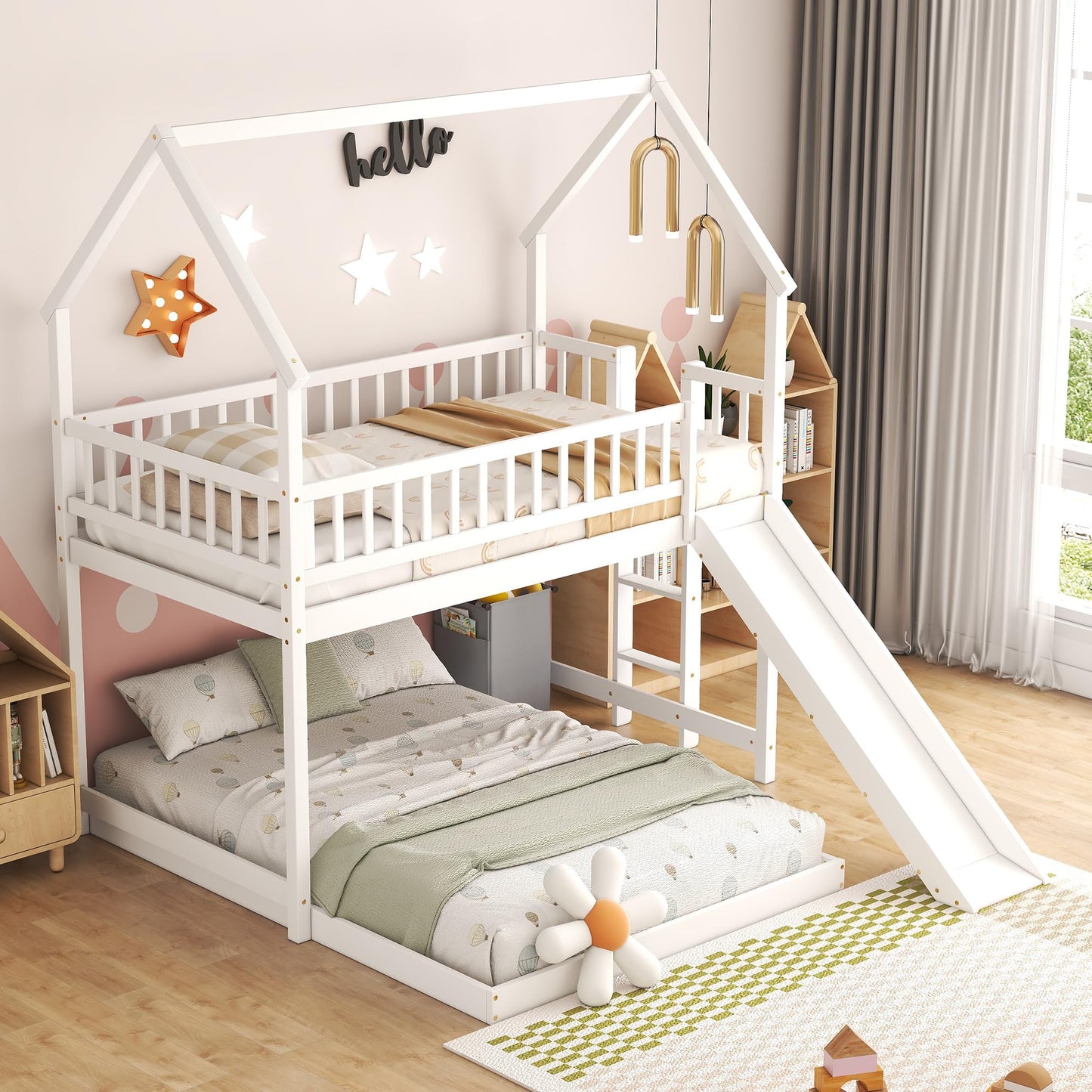 SOFTSEA Wooden House Bunk Bed with Slide and Built-in Ladder, Twin Over Full Wooden Bunk Bed Frame with Full-Length Guardrail, for Girls Boys Bedroom, No Box Spring Needed, White