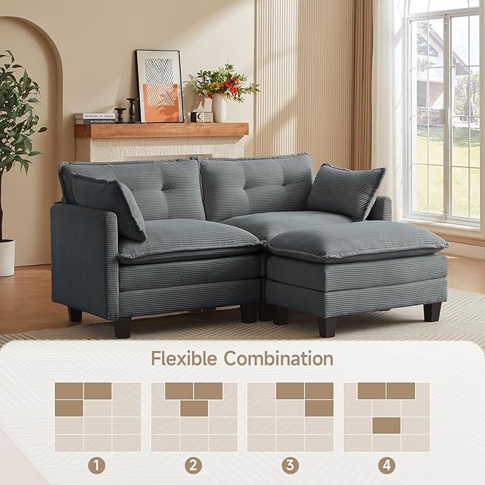 Amsleekey Modular Sectional Sofa, 76.5" L-Shaped Corduroy Comfy Sectional Couches for Living Room, 2-Seater Cloud Couches with 1 Movable Ottoman, Flexible Combination Modern Deep Seat Sofa (Grey)