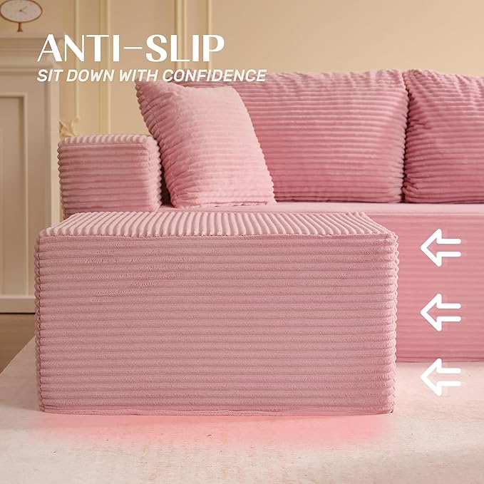 Afuson 107" Boneless Couch with Deep Seat, Modular Sectional Sofa, Cloud Sectional Couch for Living Room, No Assembly Required, Corduroy, U-Shape 3 Seater Right, Pink