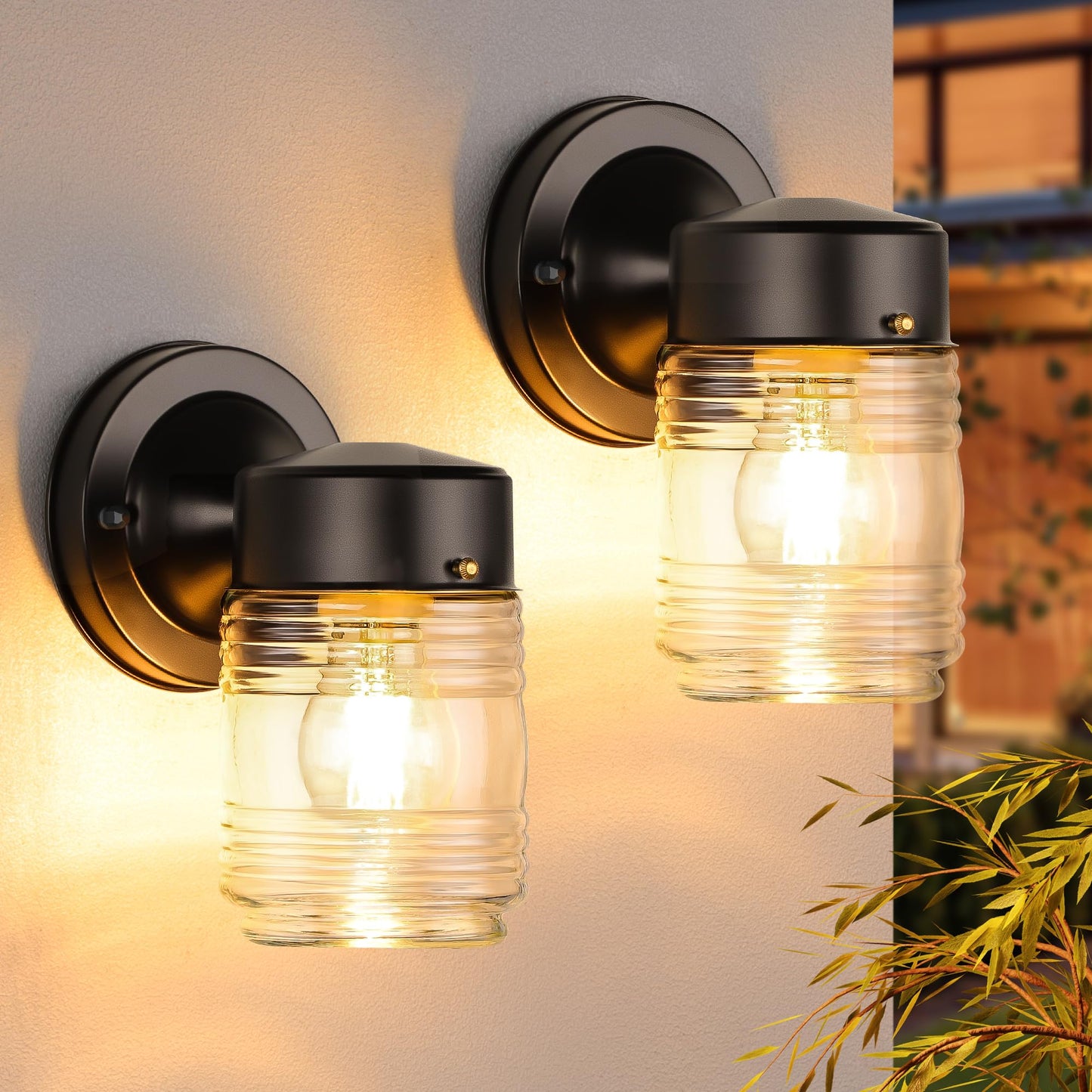 MATAMEYE Jelly Jar Outdoor Wall Lantern, Black Exterior Waterproof Wall Mount Lighting Fixture, Anti-Rust Front Door Sconce with Clear Ribbed Glass, E26 Socket Lights, 2 Pack