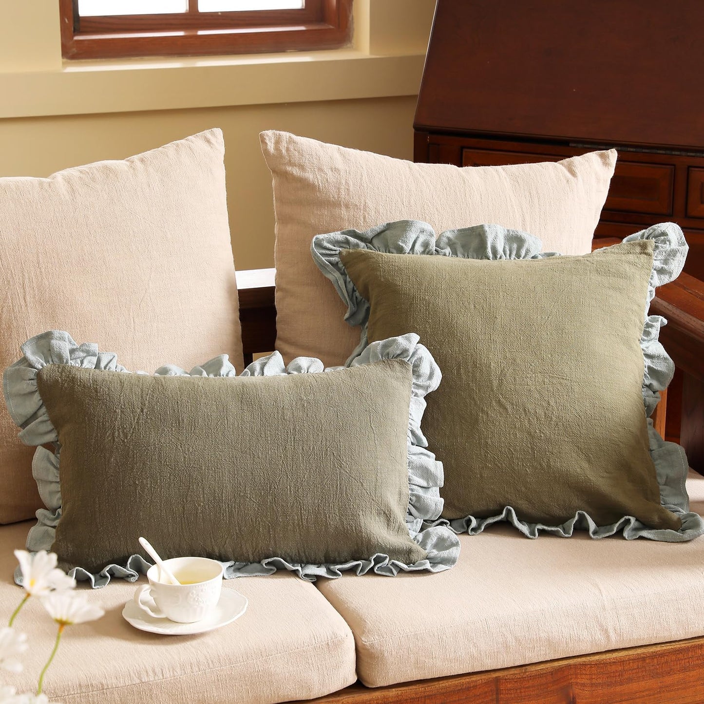 patdrea Shabby Chic Green Decorative Throw Pillow Covers 12x20 Set of 2,Farmhouse Linen Pillow Covers with Ruffles,Rectangle Sturdy Throw Pillow Case for Couch Sofa Bed Living Room