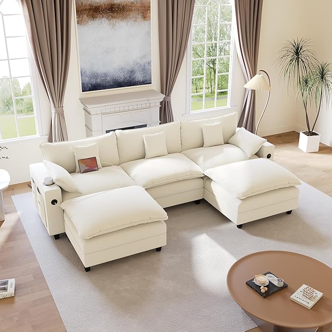 KCGKCG 116" Modular Sectional Sofa, U Shaped Cloud Couch with Movable Ottoman, Chenille Deep Seat Cloud Sofa with Charging Station, Cup Holder, Side Pocket, Sectional Couches for Living Room, Beige