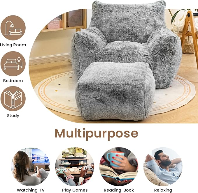 Cvortll Bean Bag Chair with Ottoman, Armrest Bean Bag Chairs with Filler, Ultra Soft Fluffy Faux Fur Bean Bag Chair with Foot Rest, Plush Lazy Sofa with Foot Stool for Living Room, Dorm