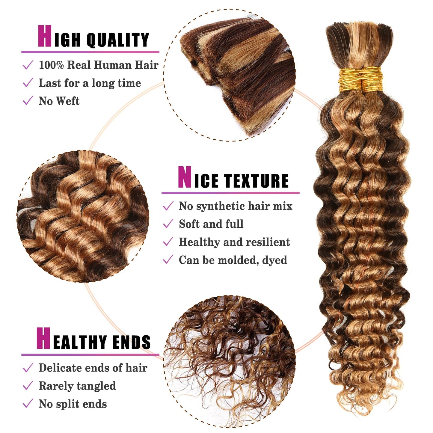 4/27 Honey Blonde Human Braiding Hair Deep Wave Bulk,Highlight No Weft Curly Hair Extensions for Boho Braids Wet and Wavy Braidi