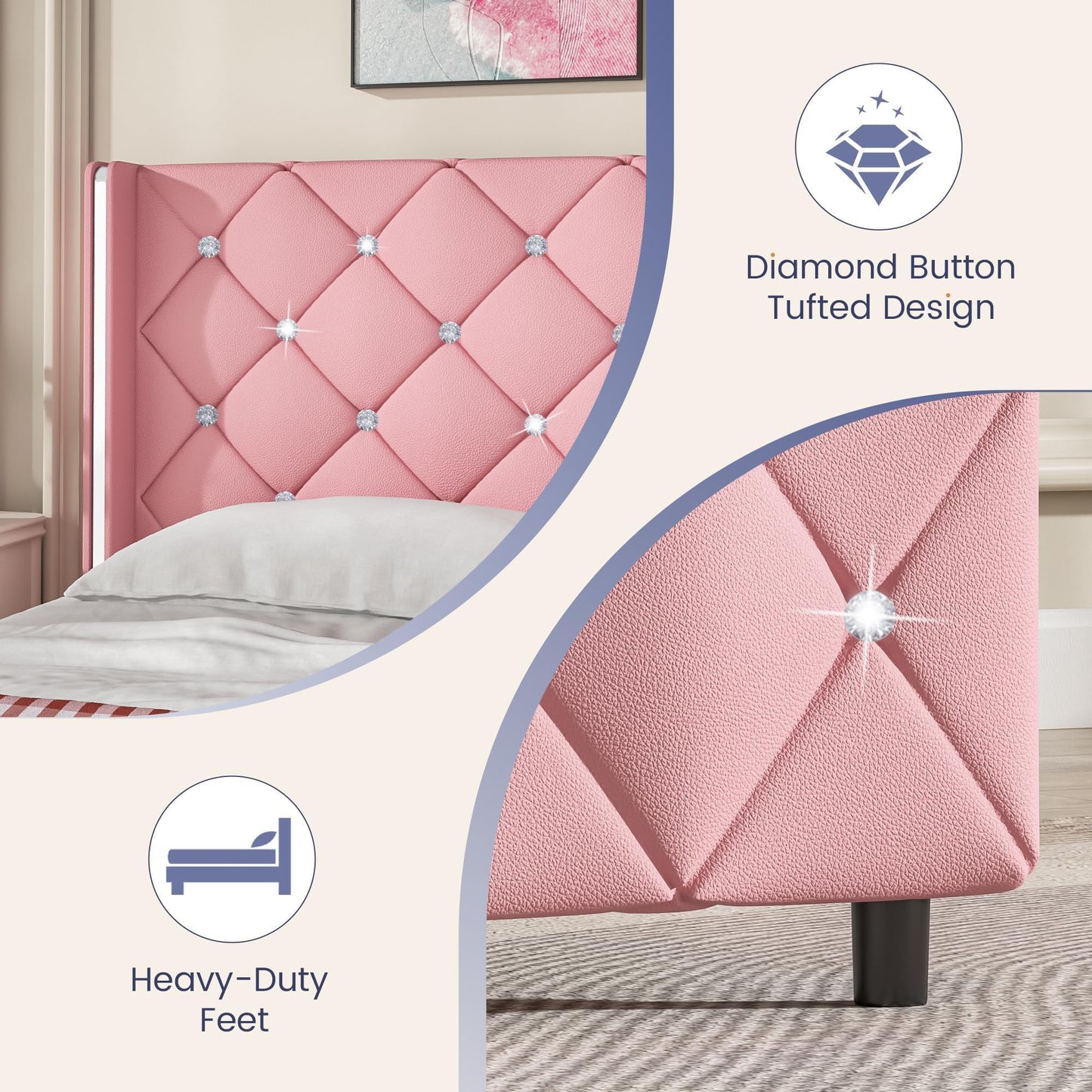 Twin Bed Frame with Headboard, Velvet Upholstered Bed with Diamond Tufted Design, Princess Twin Bed Frames for Kids, No Box Spring Required, Easy Assembly, Pink