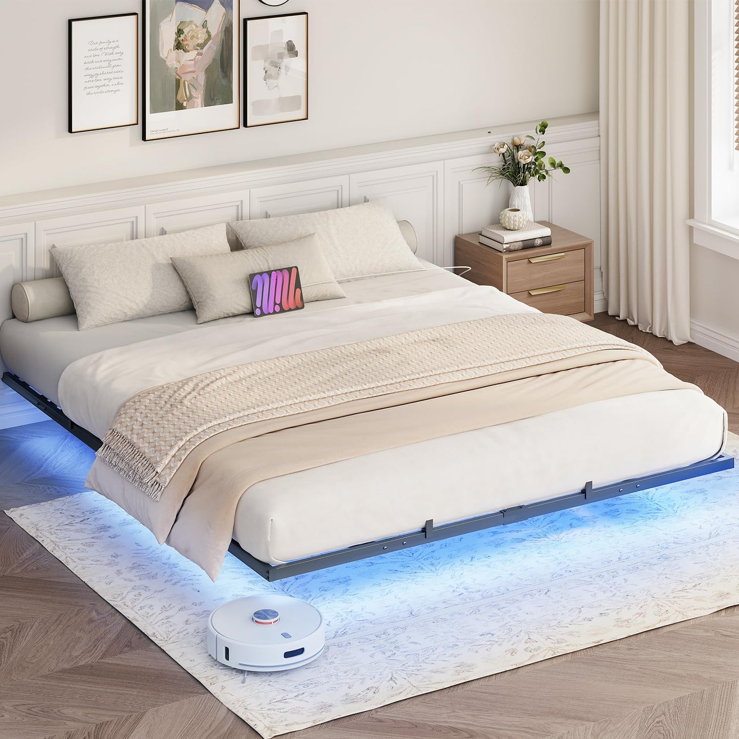 HOOBRO Floating Bed Frame King Size, Bed Frame with Charging Station and LED Lights, Industrial Style Metal Platform King Bed, Soundless, No Box Springs Needed, Black