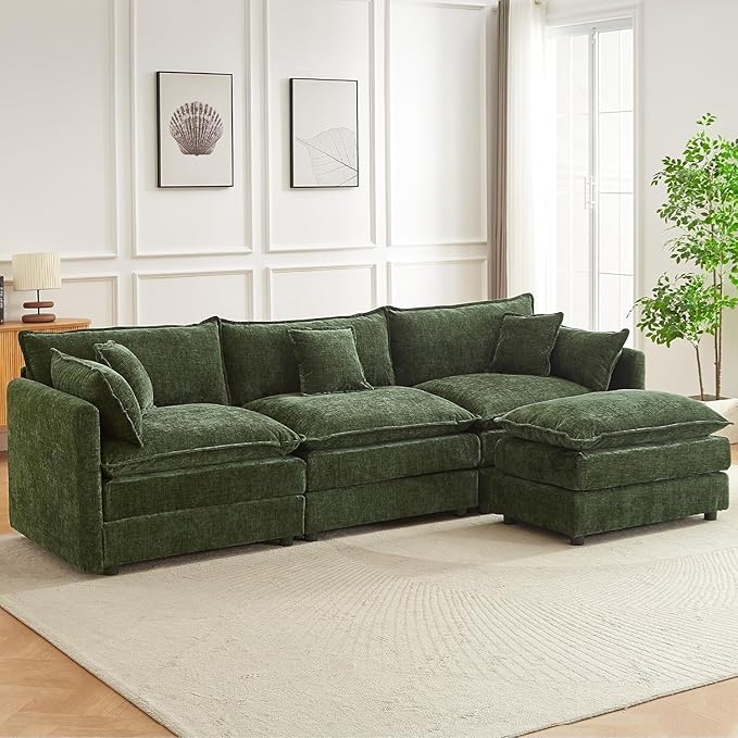 saows Modular Sectional Sofa, 112.2 Inch L Shaped Couch Set with Armrests, 3-Seater Comfy Cloud Couches with Movable Ottoman for Living Room Apartment, Green Sofa